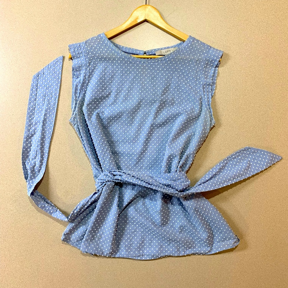 LOFT Belted Cap Sleeve Cornflower Blue White Dot Tank Top Blouse Medium